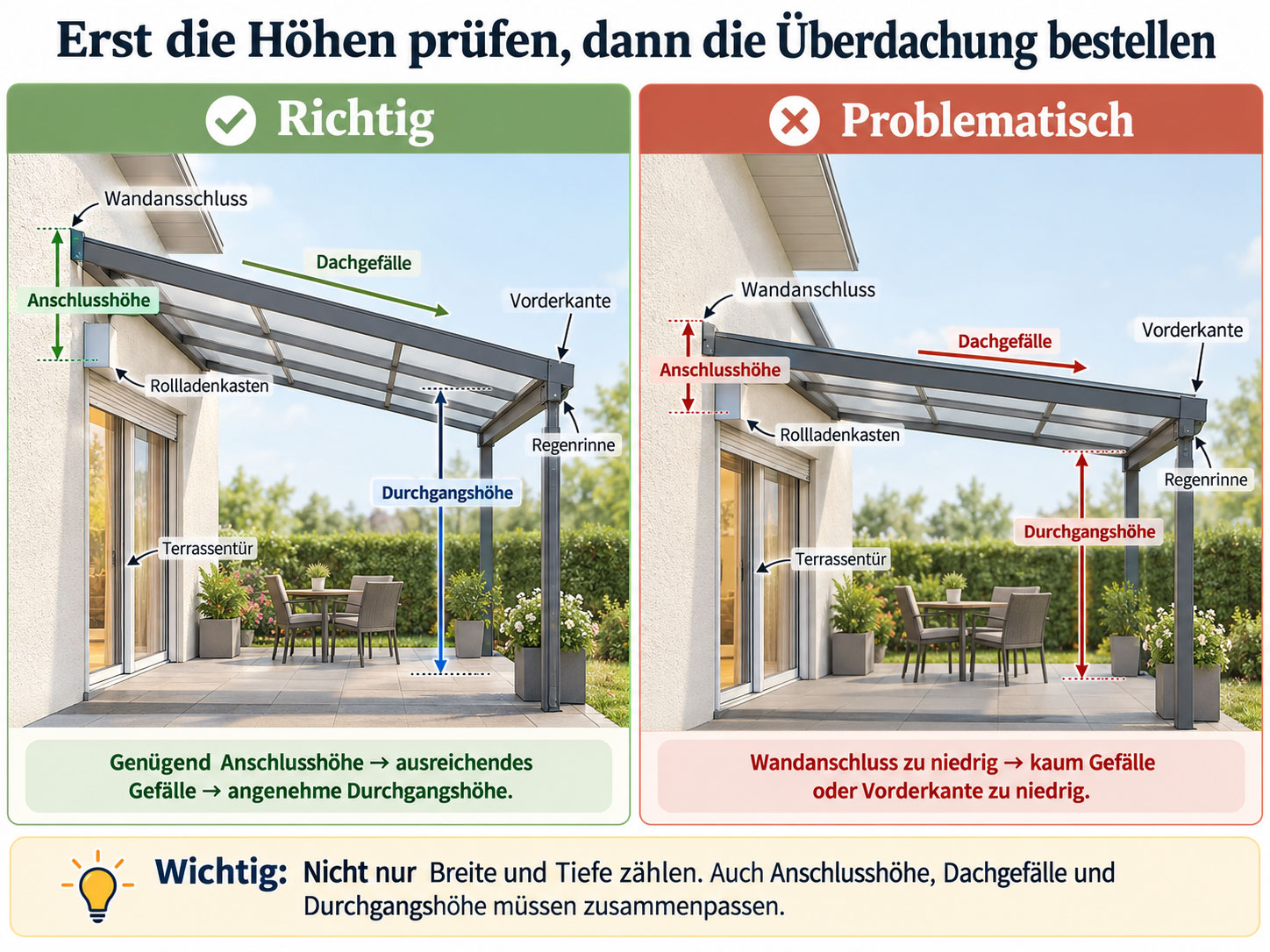 Vergleich einer richtig und falsch geplanten Terrassenüberdachung mit Wandanschluss, Dachgefälle, Durchgangshöhe, Rollladenkasten und Regenrinne.