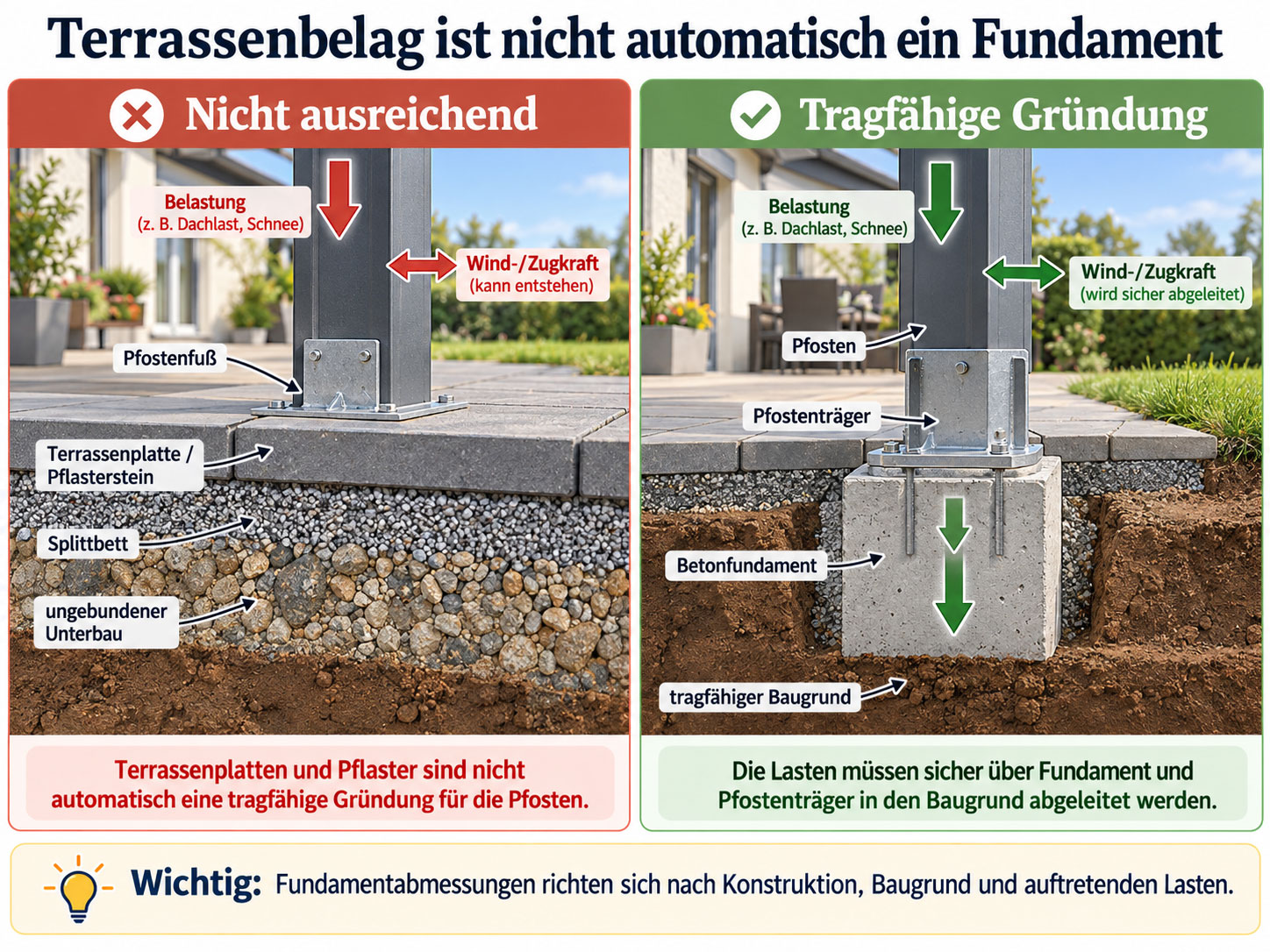Vergleich zwischen Pfosten auf Terrassenplatten und einer tragfähigen Gründung mit Pfostenträger, Betonfundament und Baugrund.