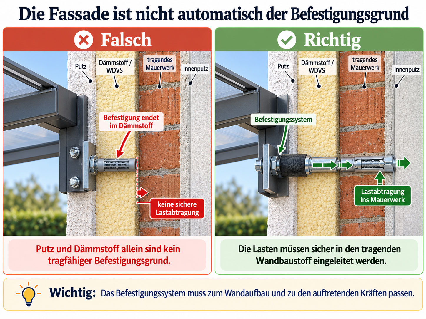 Schnitt durch eine gedämmte Außenwand mit falscher Befestigung im Dämmstoff und richtiger Verankerung im tragenden Mauerwerk.