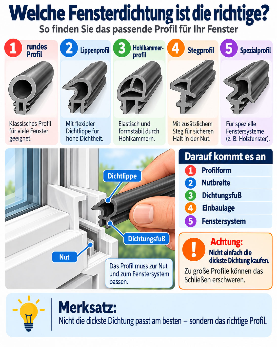 Infografik mit verschiedenen Fensterdichtungsprofilen sowie Darstellung von Nut, Dichtungsfuß und Dichtlippe zur Auswahl der passenden Dichtung.