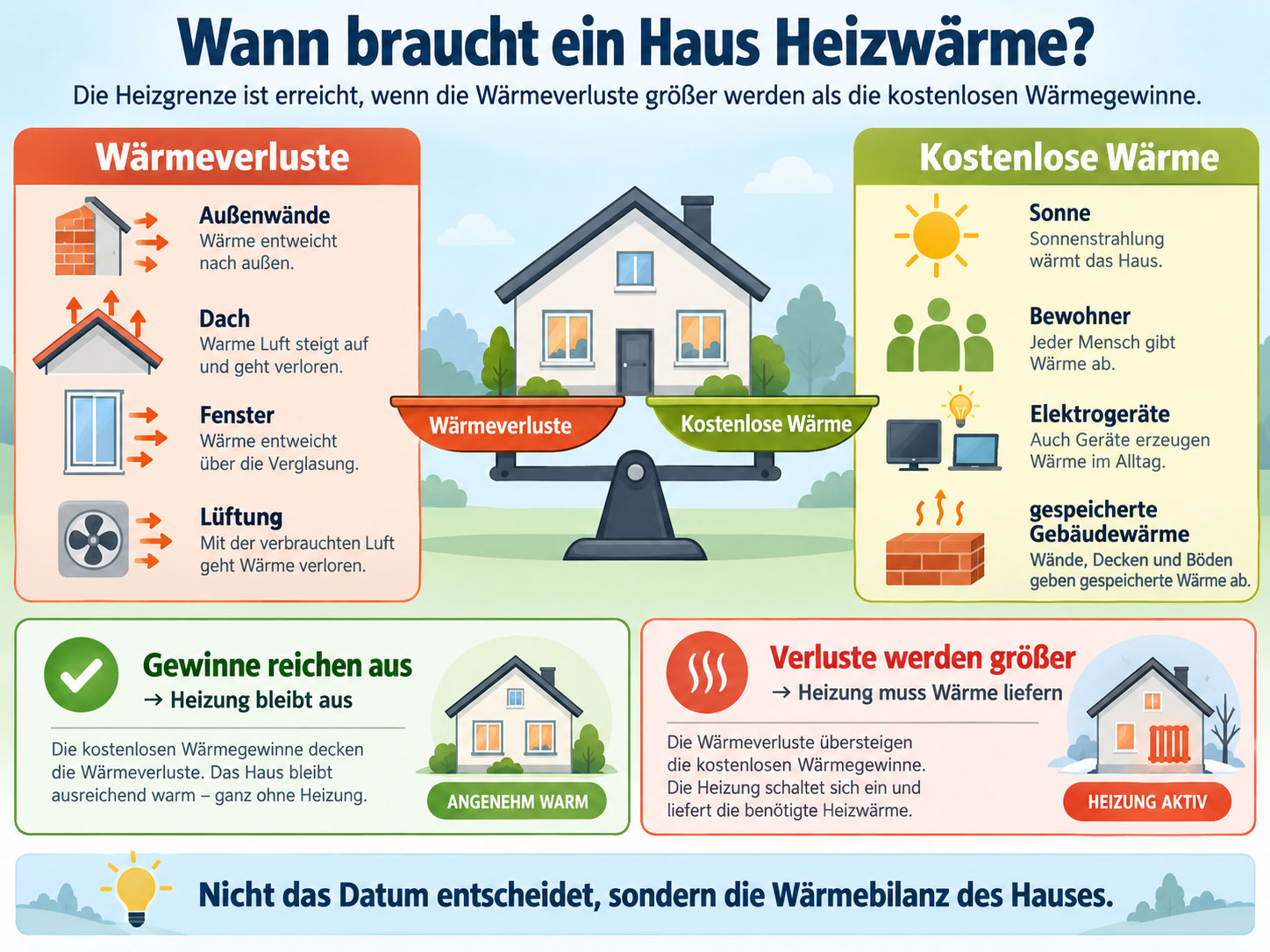 Infografik zur W&auml;rmebilanz eines Hauses: W&auml;rmeverluste &uuml;ber Au&szlig;enw&auml;nde, Dach, Fenster und L&uuml;ftung stehen kostenlosen W&auml;rmegewinnen durch Sonne, Bewohner, Elektroger&auml;te und gespeicherte Geb&auml;udew&auml;rme gegen&uuml;ber.