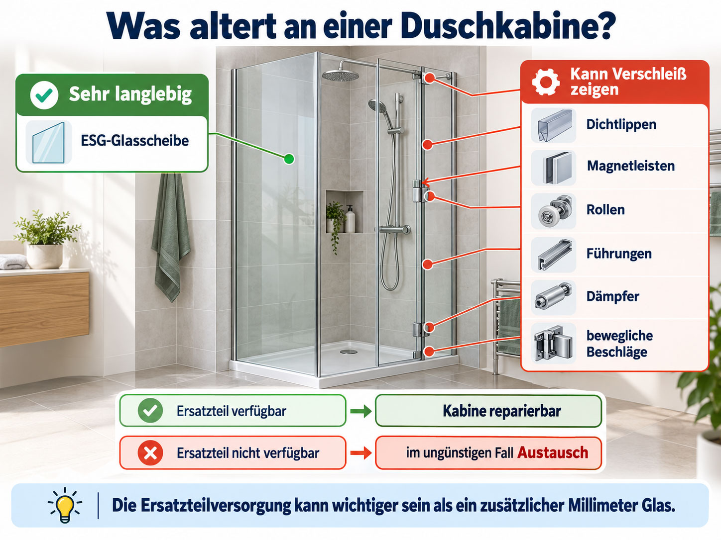 Infografik zu Verschlei&szlig;teilen einer Duschkabine mit Dichtlippen, Magnetleisten, Rollen, F&uuml;hrungen, D&auml;mpfern und Beschl&auml;gen.