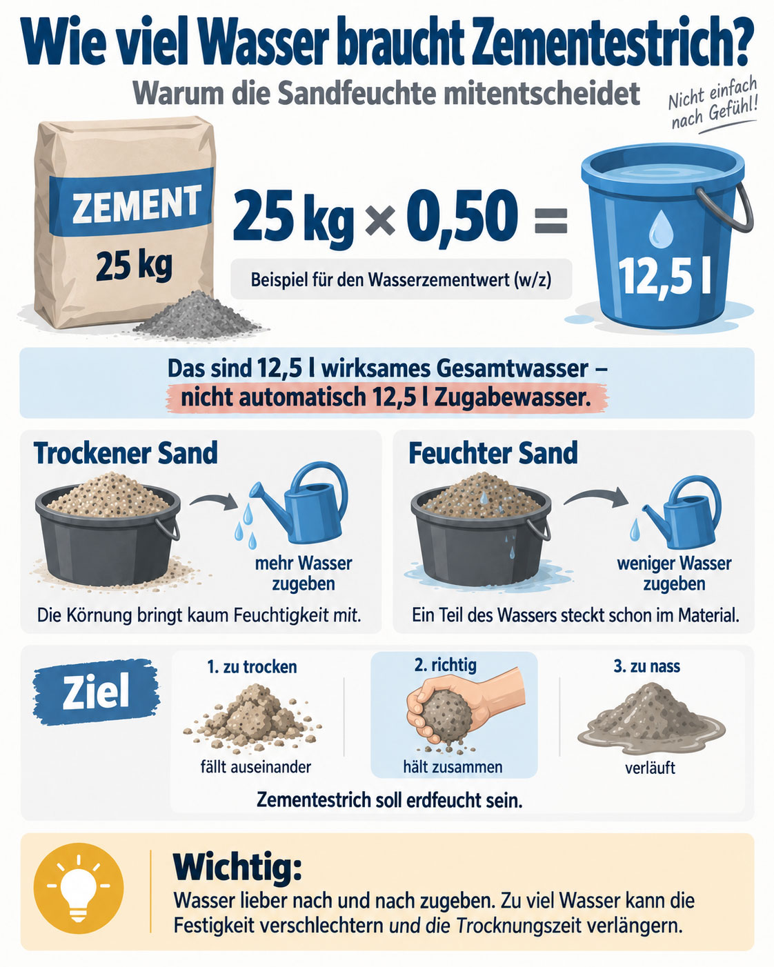Infografik zur Wassermenge bei Zementestrich mit 25 kg Zement, w/z-Wert 0,50 und dem Einfluss von trockener oder feuchter Estrichkörnung.