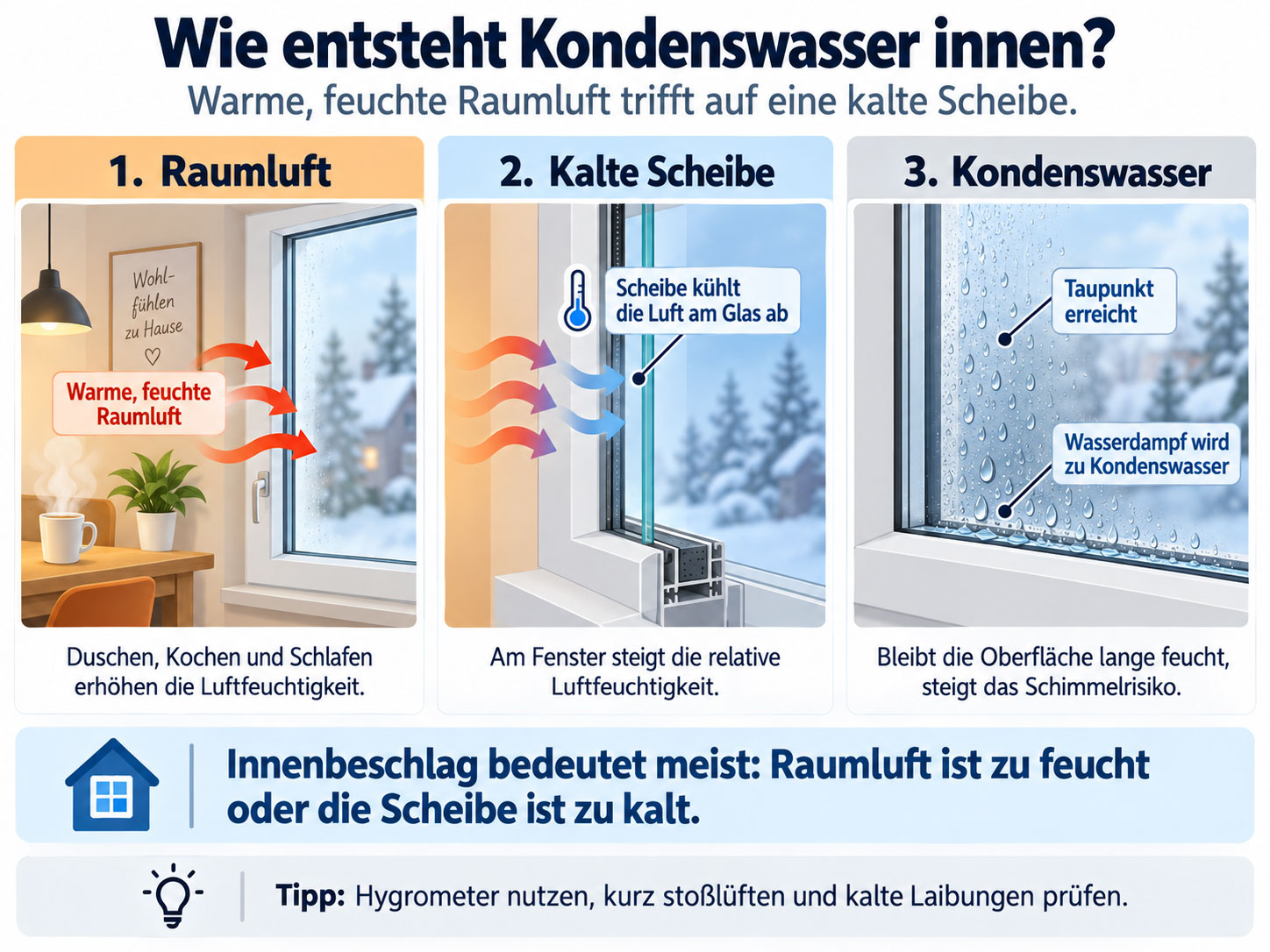 Dreistufige Infografik zur Entstehung von Kondenswasser: Feuchte Raumluft trifft auf eine kalte Scheibe, k&uuml;hlt dort ab und bildet schlie&szlig;lich Wassertropfen.