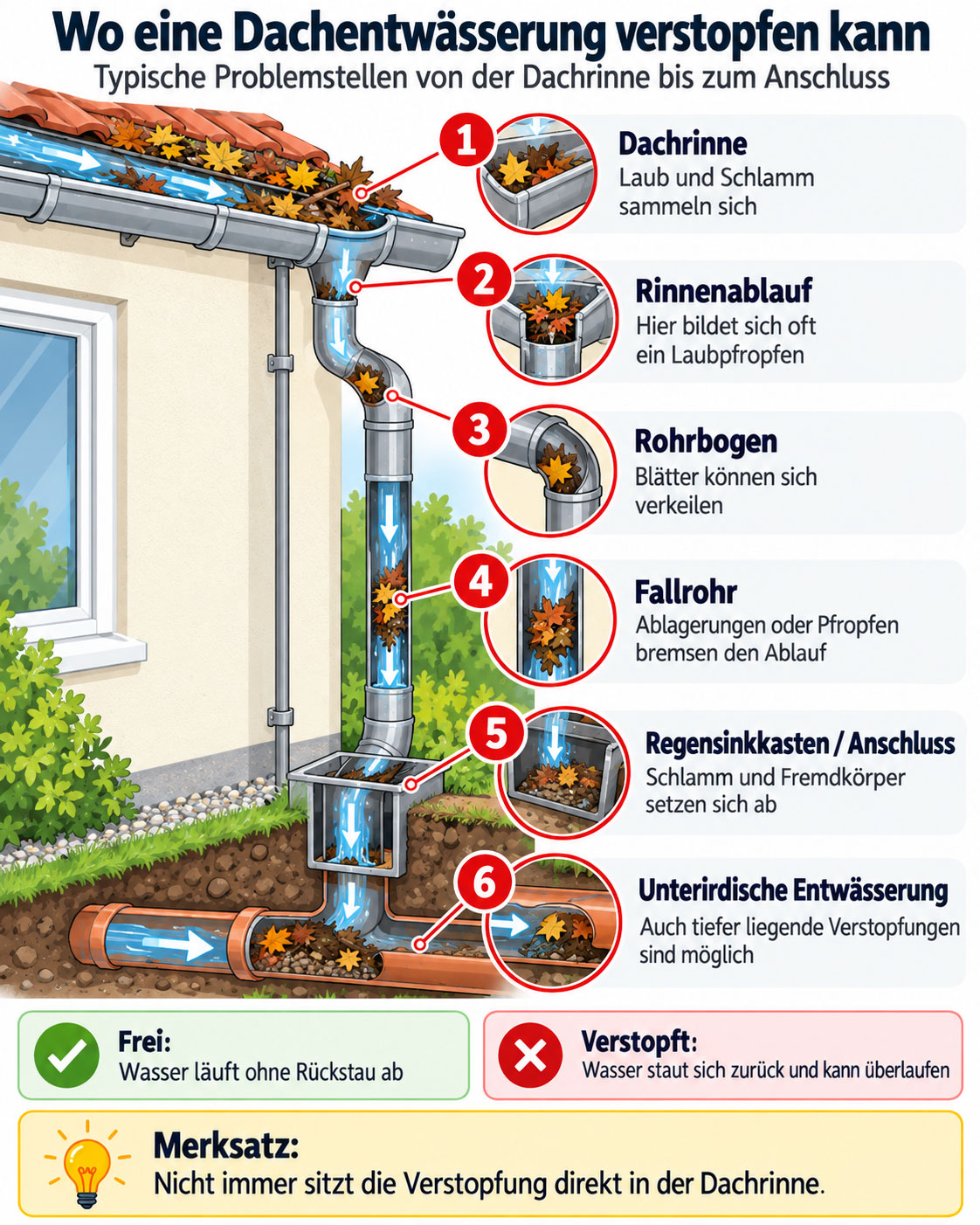 Infografik mit typischen Stellen f&uuml;r Verstopfungen in der Dachentw&auml;sserung, darunter Dachrinne, Rinnenablauf, Rohrbogen, Fallrohr und Regensinkkasten.