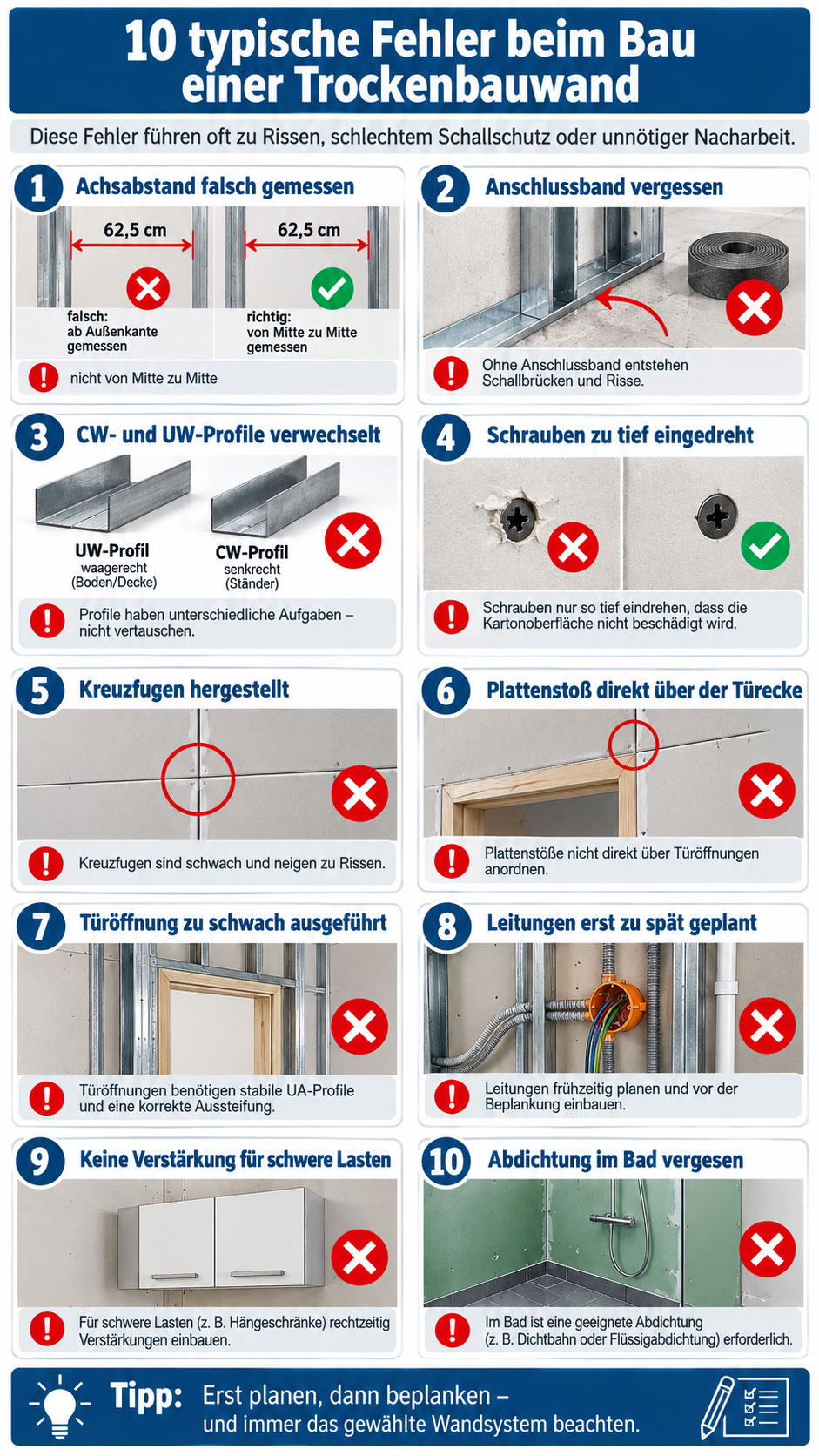 Infografik mit zehn typischen Fehlern beim Trockenbau: falscher CW-Achsabstand, fehlendes Anschlussband, vertauschte Profile, zu tiefe Schrauben, Kreuzfugen, Plattensto&szlig; &uuml;ber der T&uuml;recke, schwache T&uuml;r&ouml;ffnung, sp&auml;t geplante Leitungen, fehlende Verst&auml;rkung und fehlende Abdichtung im Bad.