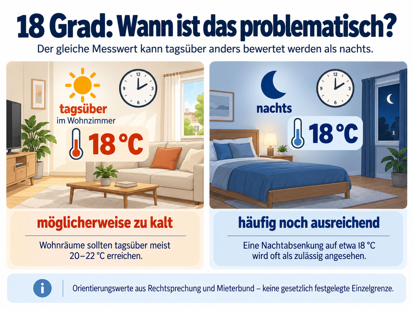 Vergleichsgrafik: 18 °C tagsüber im Wohnzimmer möglicherweise zu kalt, nachts häufig noch ausreichend.