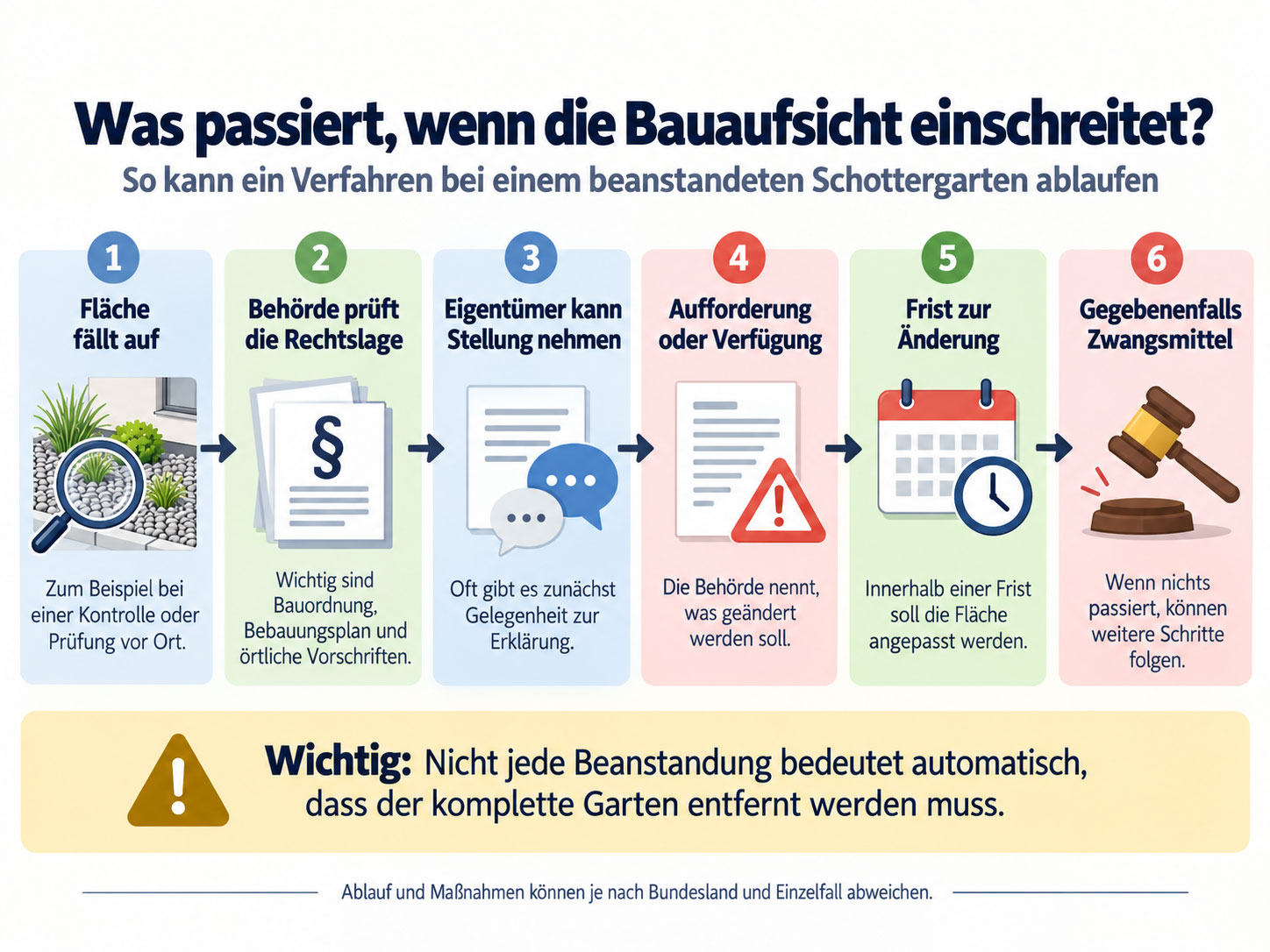 Ablauf eines möglichen Verfahrens der Bauaufsicht bei einem beanstandeten Schottergarten in sechs Schritten.