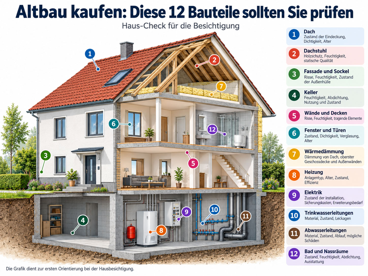 Schnittgrafik eines Altbaus mit 12 markierten Prüfpunkten wie Dach, Dachstuhl, Fassade, Keller, Fenster, Dämmung, Heizung, Elektrik, Wasser- und Abwasserleitungen sowie Bad.