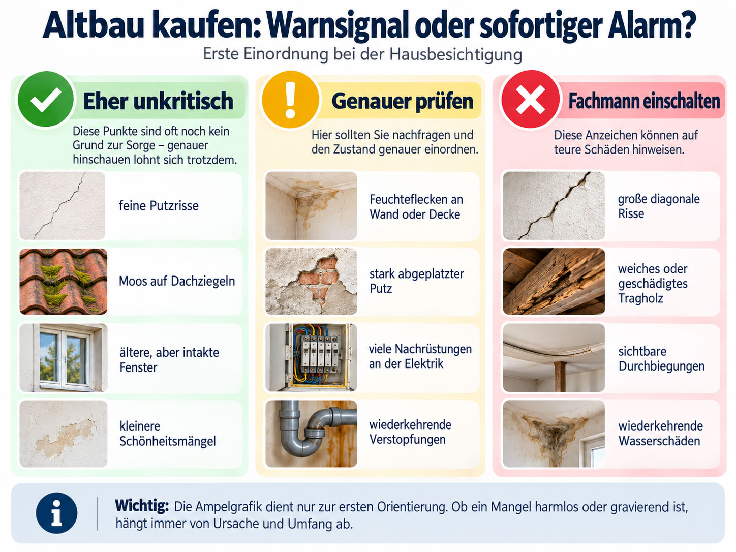 Ampelgrafik zum Altbaukauf mit grünen, gelben und roten Warnstufen für Putzrisse, Feuchtigkeit, Elektrik, Tragholz, Durchbiegungen und Wasserschäden.