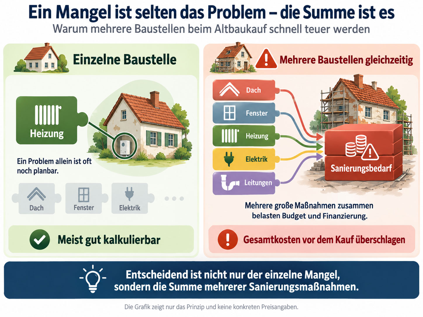 Vergleichsgrafik zum Altbaukauf: eine einzelne Baustelle wie die Heizung gegenüber mehreren gleichzeitigen Sanierungsmaßnahmen an Dach, Fenstern, Heizung, Elektrik und Leitungen.