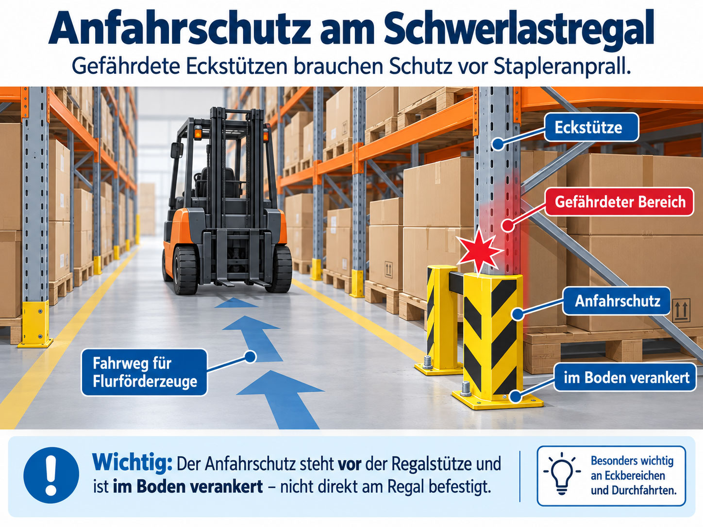 Infografik mit Gabelstapler, Schwerlastregal und gelb-schwarzem Anfahrschutz vor einer gef&auml;hrdeten Eckst&uuml;tze.