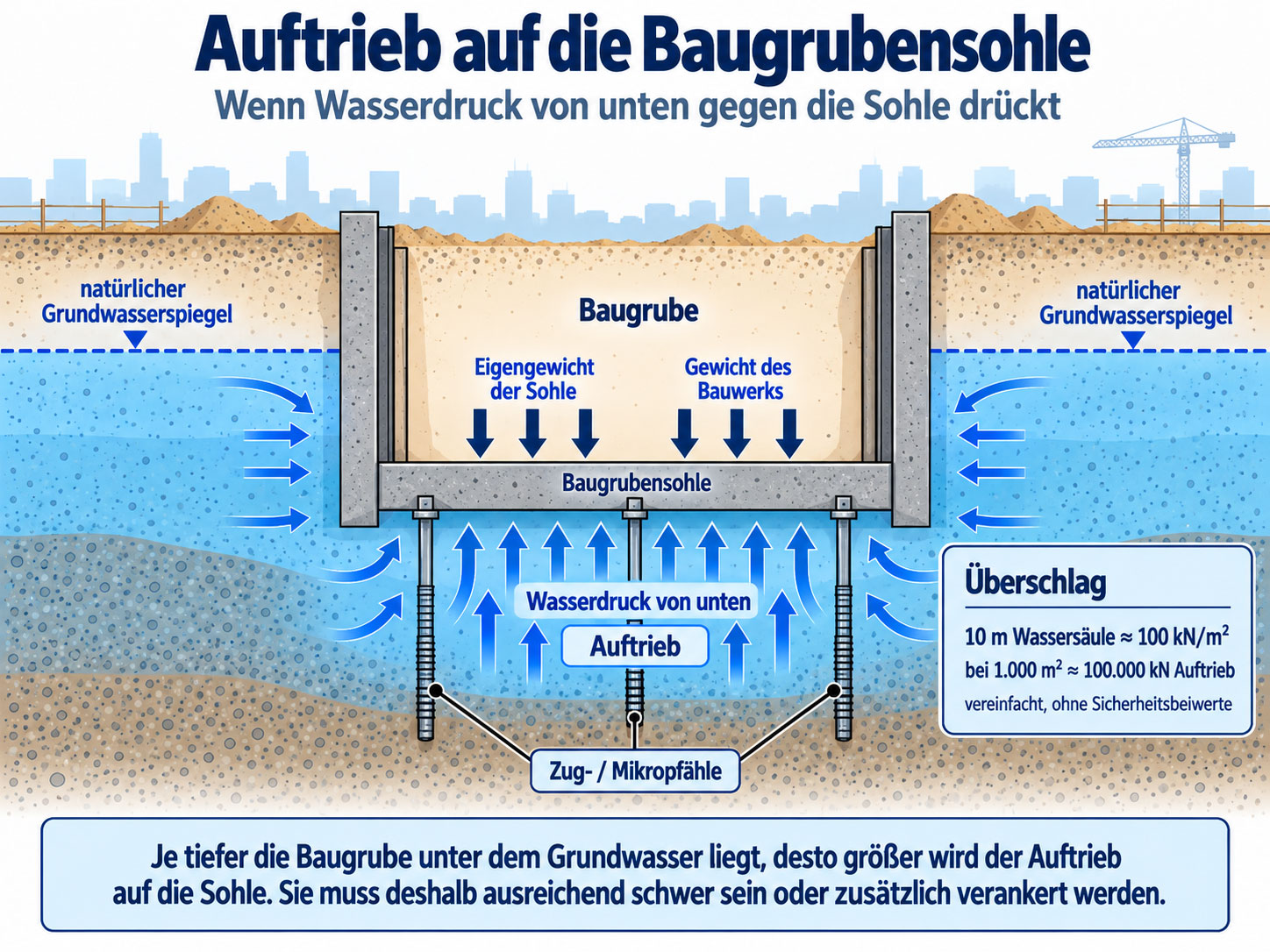 Baugrubensohle unter Grundwasserdruck mit aufwärts gerichteten Kräften und Zug- beziehungsweise Mikropfählen zur Sicherung gegen Auftrieb.
