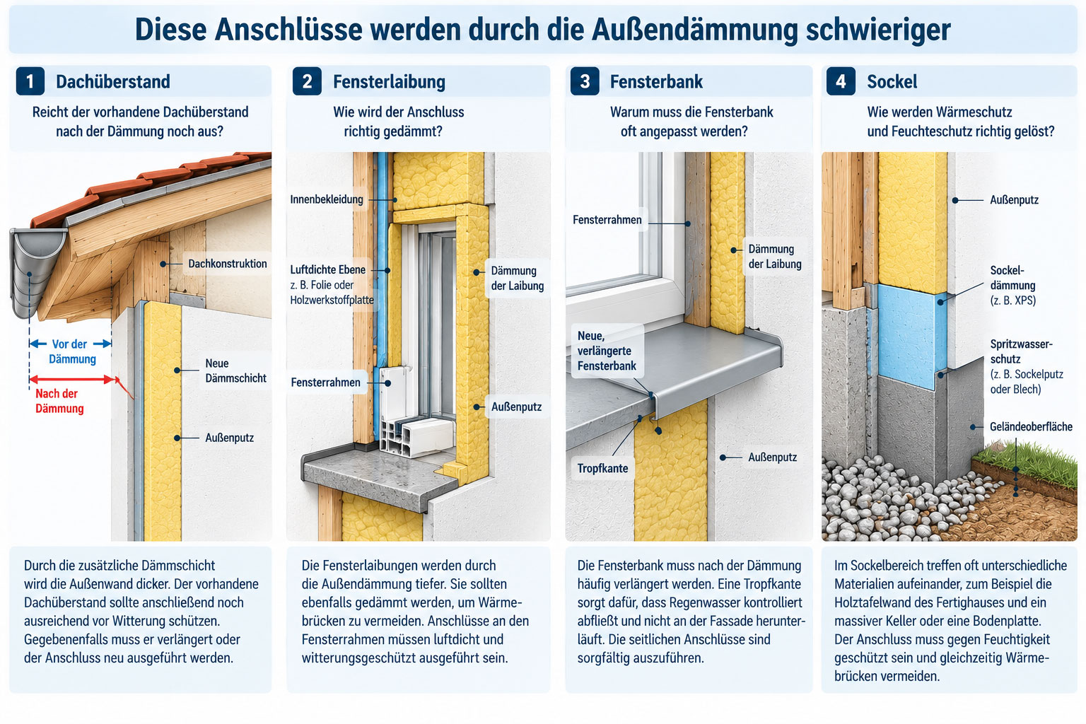 Vier technische Schnittzeichnungen zeigen die Anpassung von Dach&uuml;berstand, Fensterlaibung, Fensterbank und Sockel bei der nachtr&auml;glichen Au&szlig;end&auml;mmung eines Fertighauses.