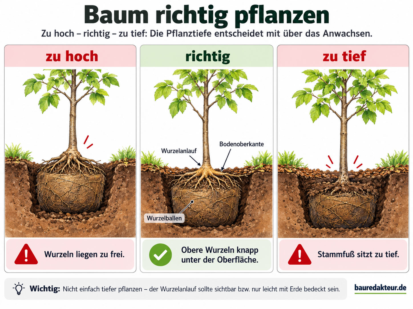 Vergleichsgrafik mit zu hoch, richtig und zu tief gepflanztem Baum und markiertem Wurzelanlauf, Wurzelballen und Bodenoberkante.