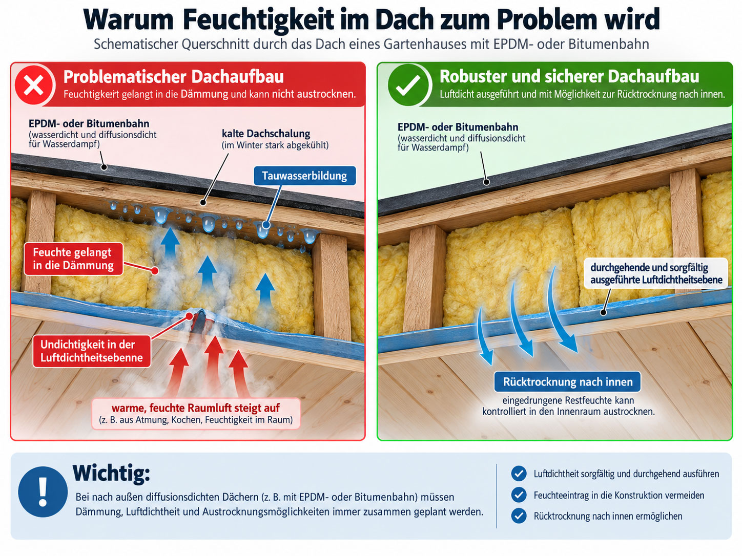 Vergleich zweier Gartenhausd&auml;cher: fehlerhafter Aufbau mit Undichtigkeit, Feuchteeintrag und Tauwasser unter EPDM- oder Bitumenbahn sowie robuster Aufbau mit luftdichter Ebene und R&uuml;cktrocknungsm&ouml;glichkeit.