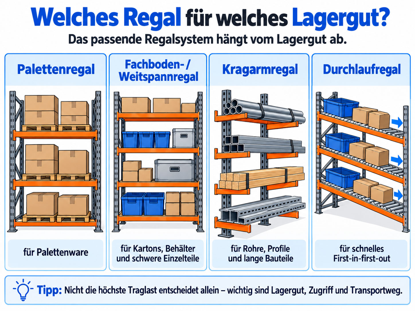 Infografik mit Palettenregal, Fachboden- und Weitspannregal, Kragarmregal und Durchlaufregal sowie typischen Lagerg&uuml;tern.