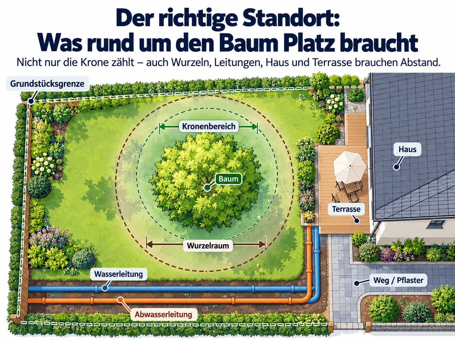 Draufsicht auf einen Garten mit Baum, Kronenbereich, Wurzelraum, Haus, Terrasse, Pflaster, Grundst&uuml;cksgrenze sowie Wasser- und Abwasserleitungen.