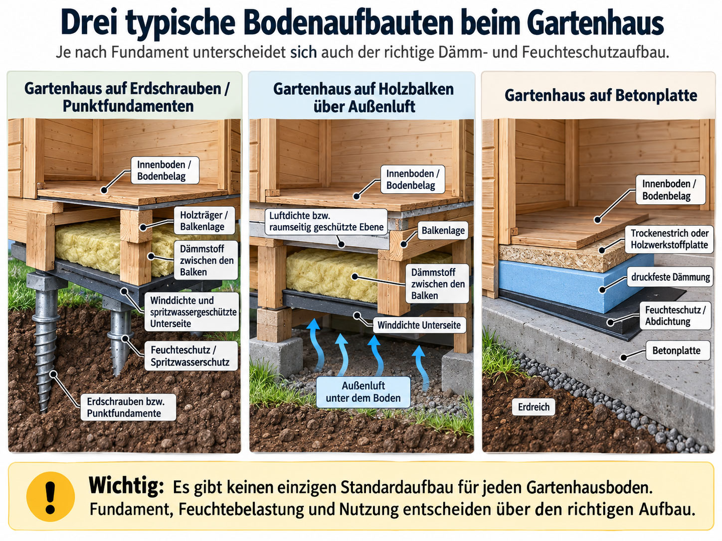 Drei schematische Bodenaufbauten f&uuml;r ein Gartenhaus auf Erdschrauben oder Punktfundamenten, auf Holzbalken &uuml;ber Au&szlig;enluft und auf Betonplatte mit D&auml;mmung und Feuchteschutz.