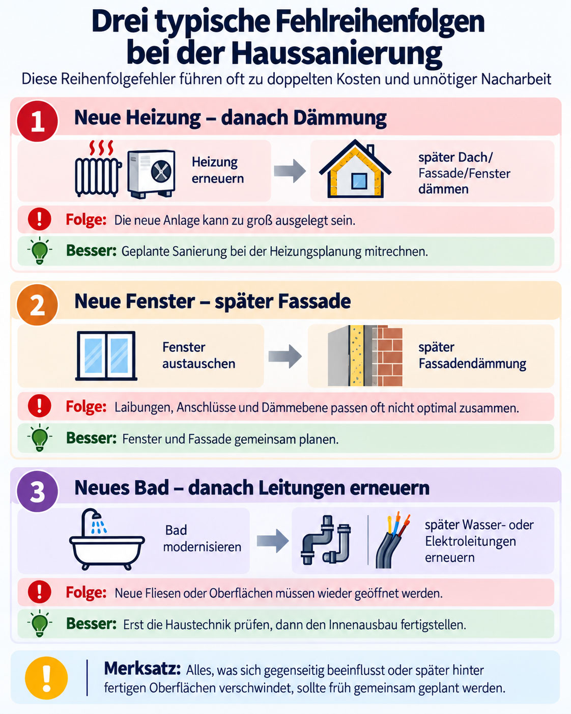 Infografik zeigt drei typische Fehler bei der Haussanierung: Heizung vor Dämmung, Fenster vor späterer Fassadendämmung und Badsanierung vor dem Austausch von Wasser- oder Elektroleitungen.