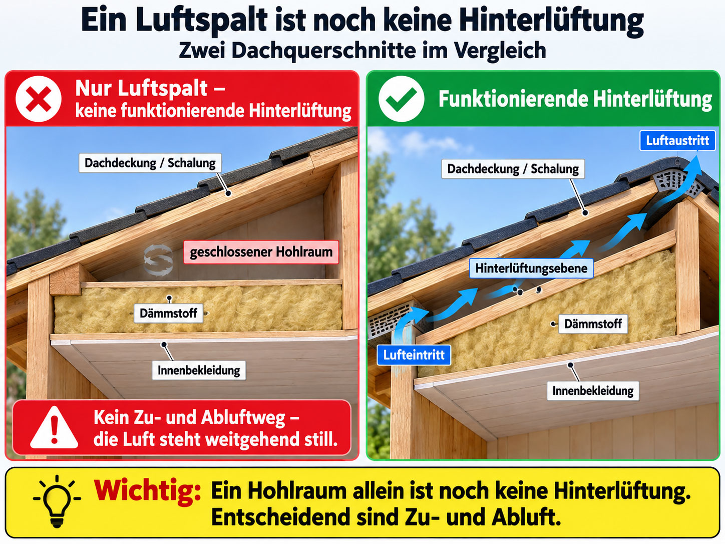 Vergleich von geschlossenem Luftspalt und funktionierender Hinterl&uuml;ftung im Gartenhausdach mit eingezeichnetem Lufteintritt, Luftaustritt und Str&ouml;mungsrichtung.