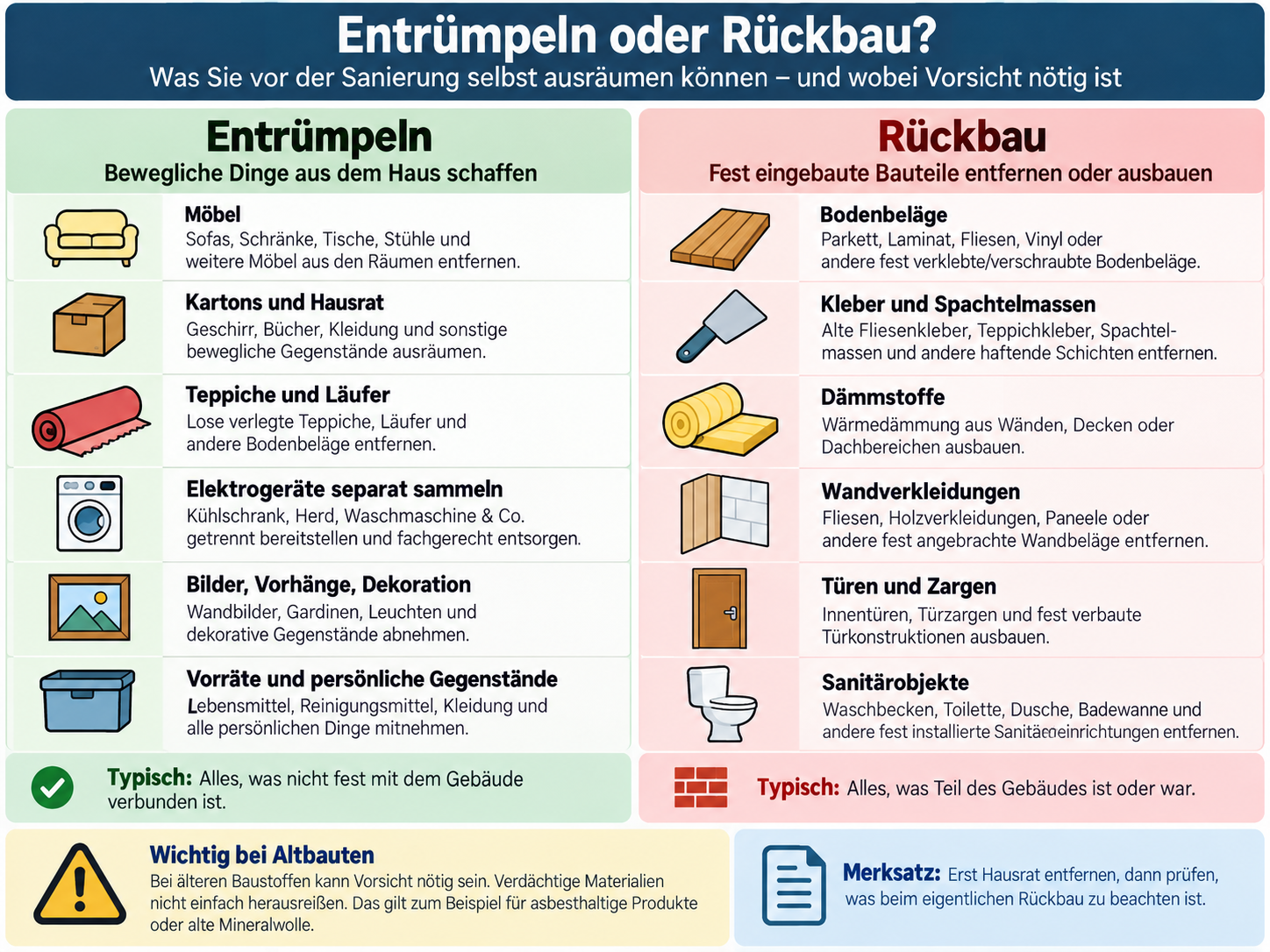 Infografik erklärt den Unterschied zwischen Entrümpelung und Rückbau vor einer Sanierung