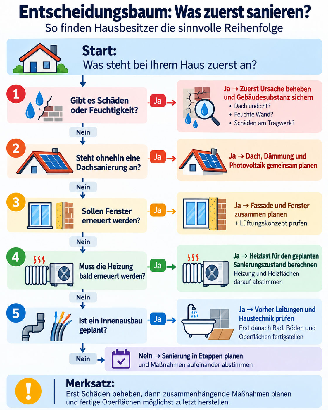 tscheidungsbaum zur Haussanierung mit Fragen zu Feuchtigkeit, Dachsanierung, Fenstertausch, Heizung und Innenausbau sowie Empfehlungen für die jeweilige Reihenfolge.