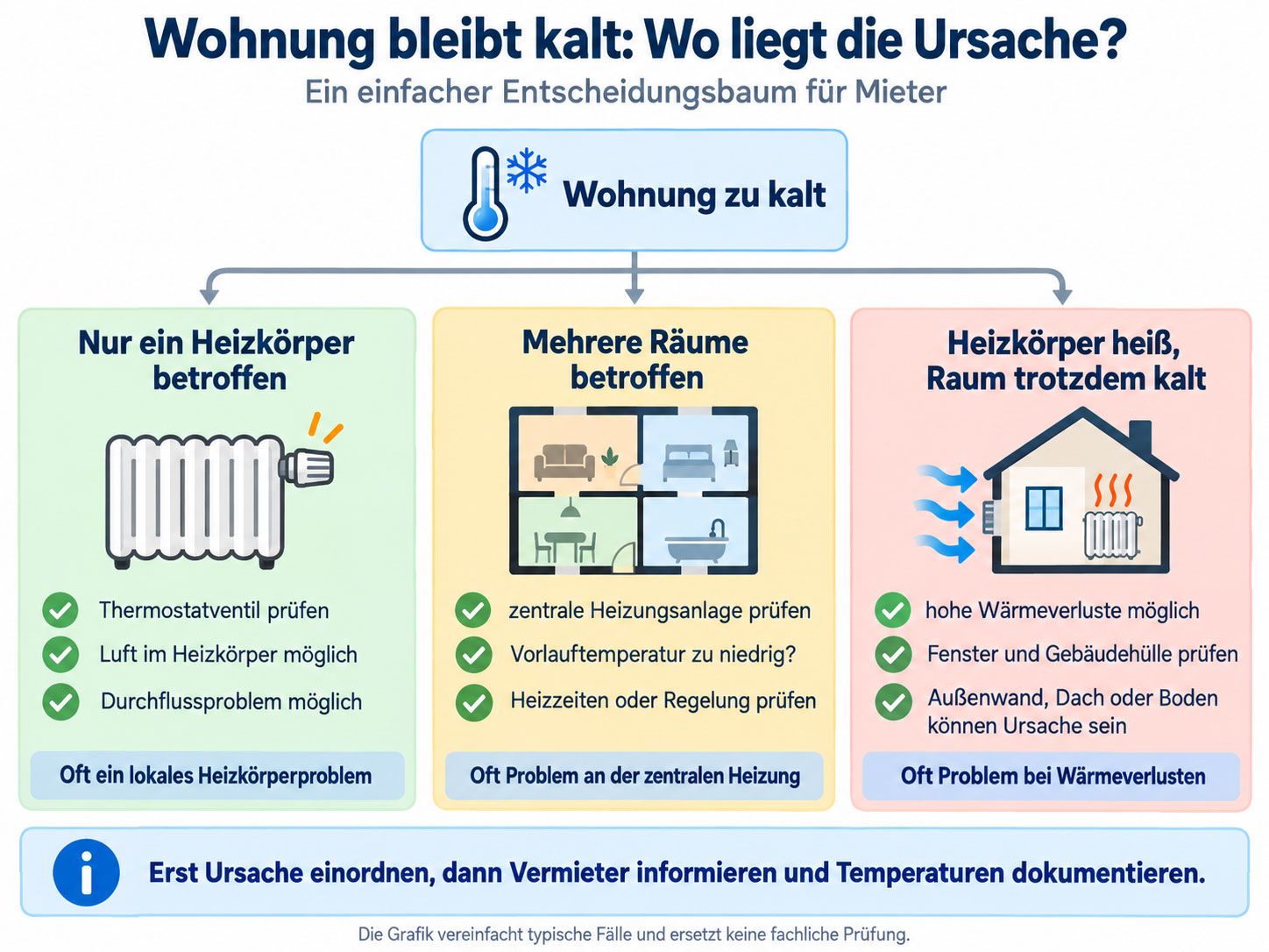 Entscheidungsbaum zu einer kalten Wohnung mit drei Ursachen: einzelner Heizkörper, zentrale Heizungsanlage oder hohe Wärmeverluste über die Gebäudehülle.