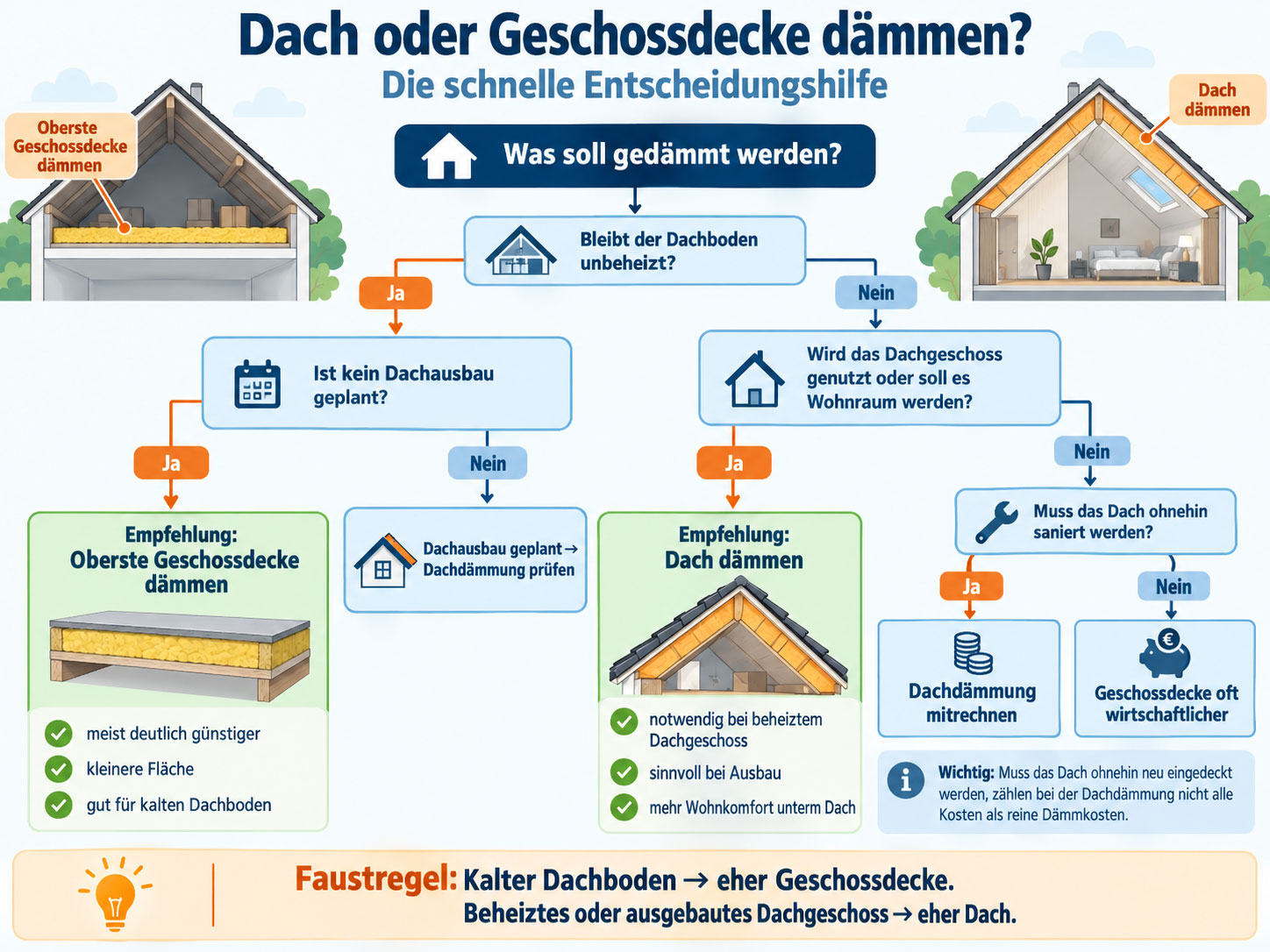 Entscheidungsbaum zur Wahl zwischen Dach- und Geschossdeckend&auml;mmung mit Fragen zu unbeheiztem Dachboden, geplantem Dachausbau und ohnehin anstehender Dachsanierung.