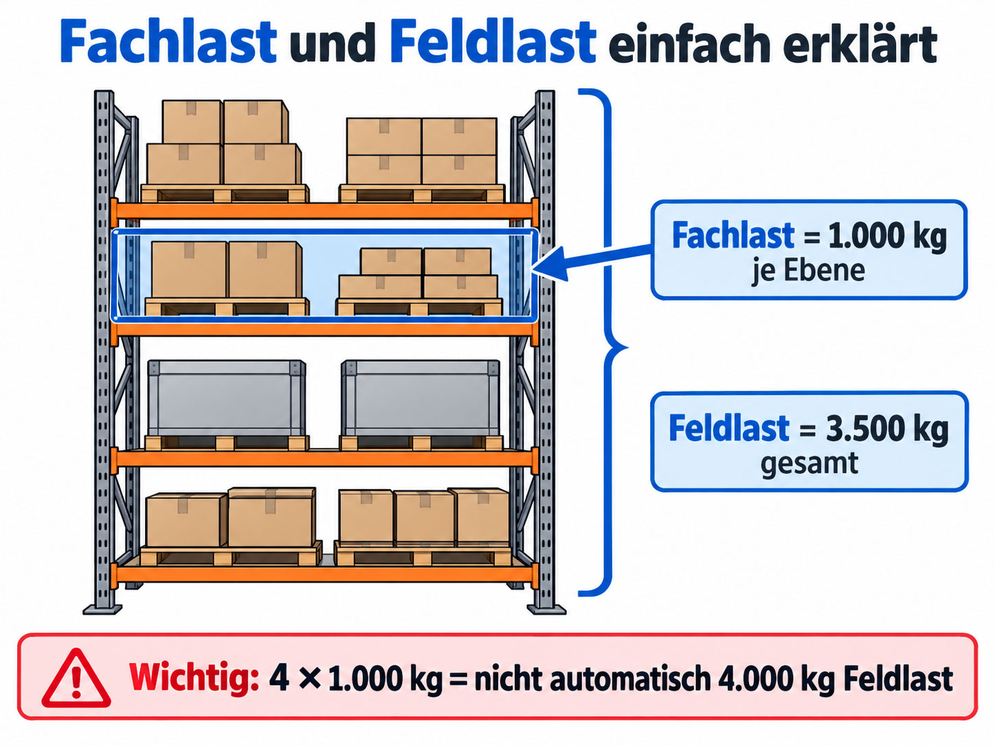 Infografik mit Schwerlastregal zur Erkl&auml;rung von Fachlast und Feldlast mit Beispielwerten von 1.000 und 3.500 Kilogramm.