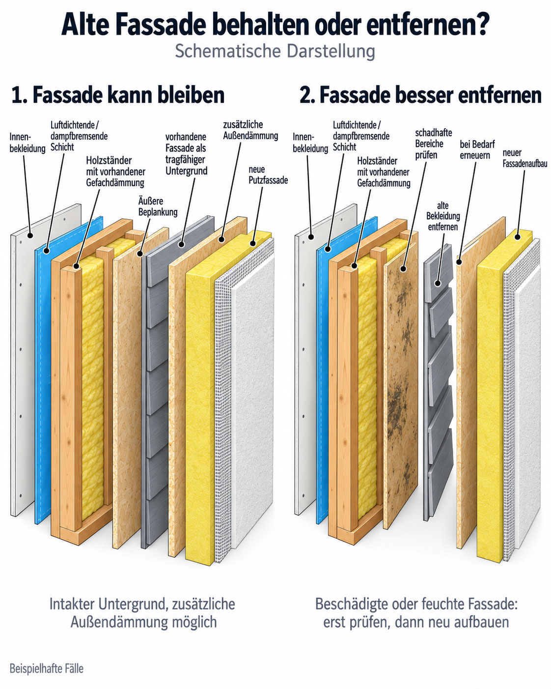 Zwei Fertighausw&auml;nde im Vergleich: links eine intakte Fassade mit zus&auml;tzlicher Au&szlig;end&auml;mmung, rechts eine besch&auml;digte Au&szlig;enbeplankung, die vor der Sanierung entfernt wird.
