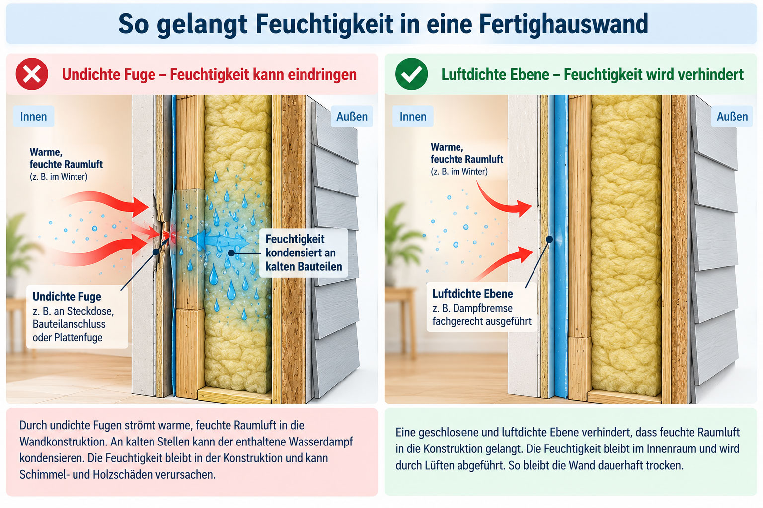 Zwei Wandquerschnitte zeigen, wie feuchte Raumluft durch eine undichte Fuge in eine Fertighauswand eindringt und wie eine geschlossene Luftdichtheitsebene das verhindert.