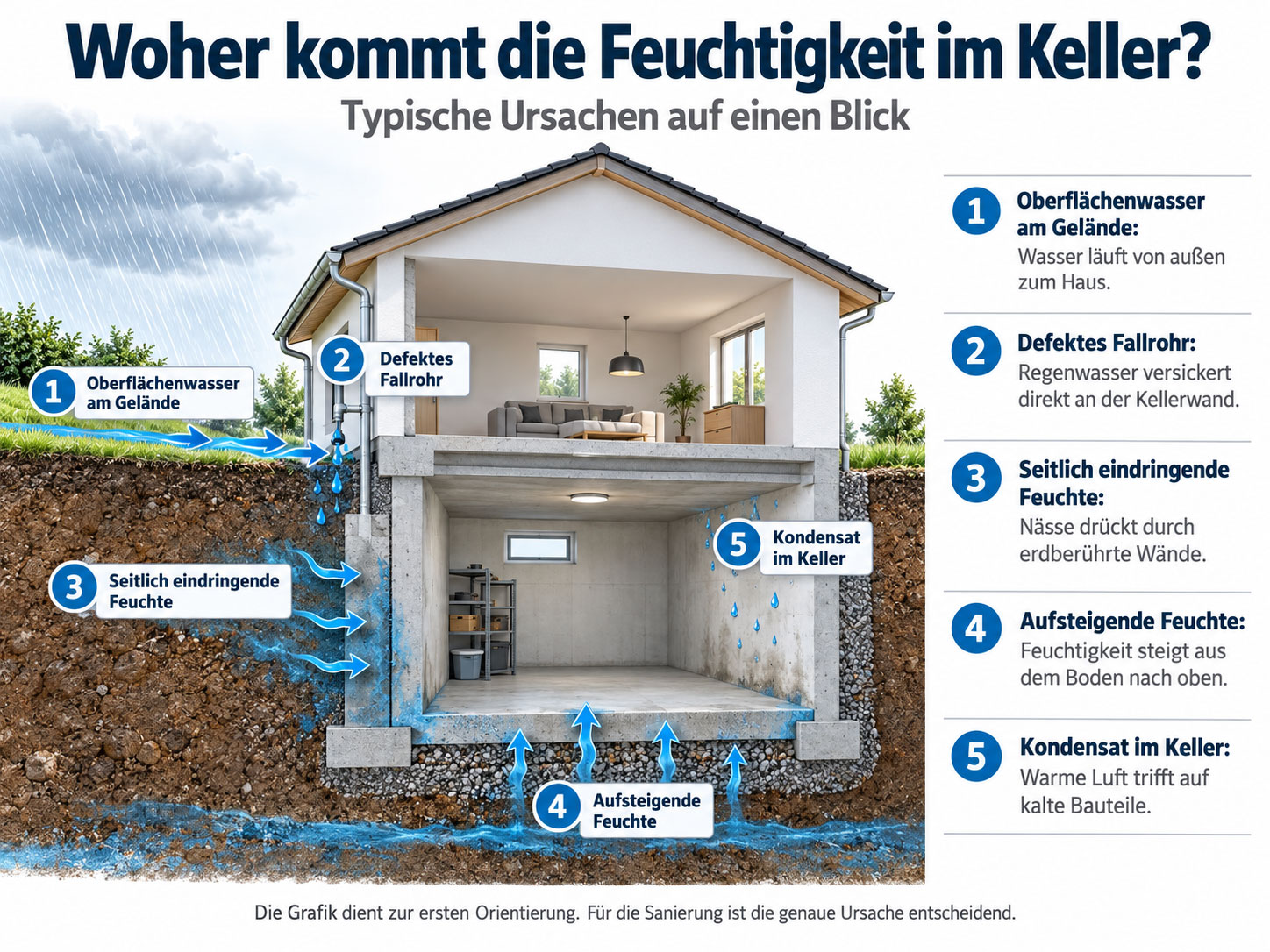 Hausquerschnitt mit Keller und fünf möglichen Feuchteursachen: Oberflächenwasser, defektes Fallrohr, seitlich eindringende Feuchte, aufsteigende Feuchte und Kondensat.