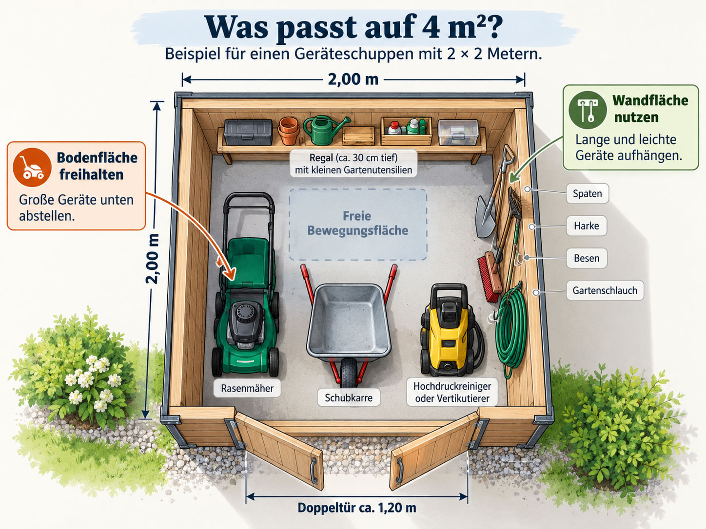 Draufsicht auf einen 2 × 2 Meter großen Geräteschuppen mit Rasenmäher, Schubkarre, Hochdruckreiniger, Wandgeräten, Regal und 1,20 Meter breiter Doppeltür.