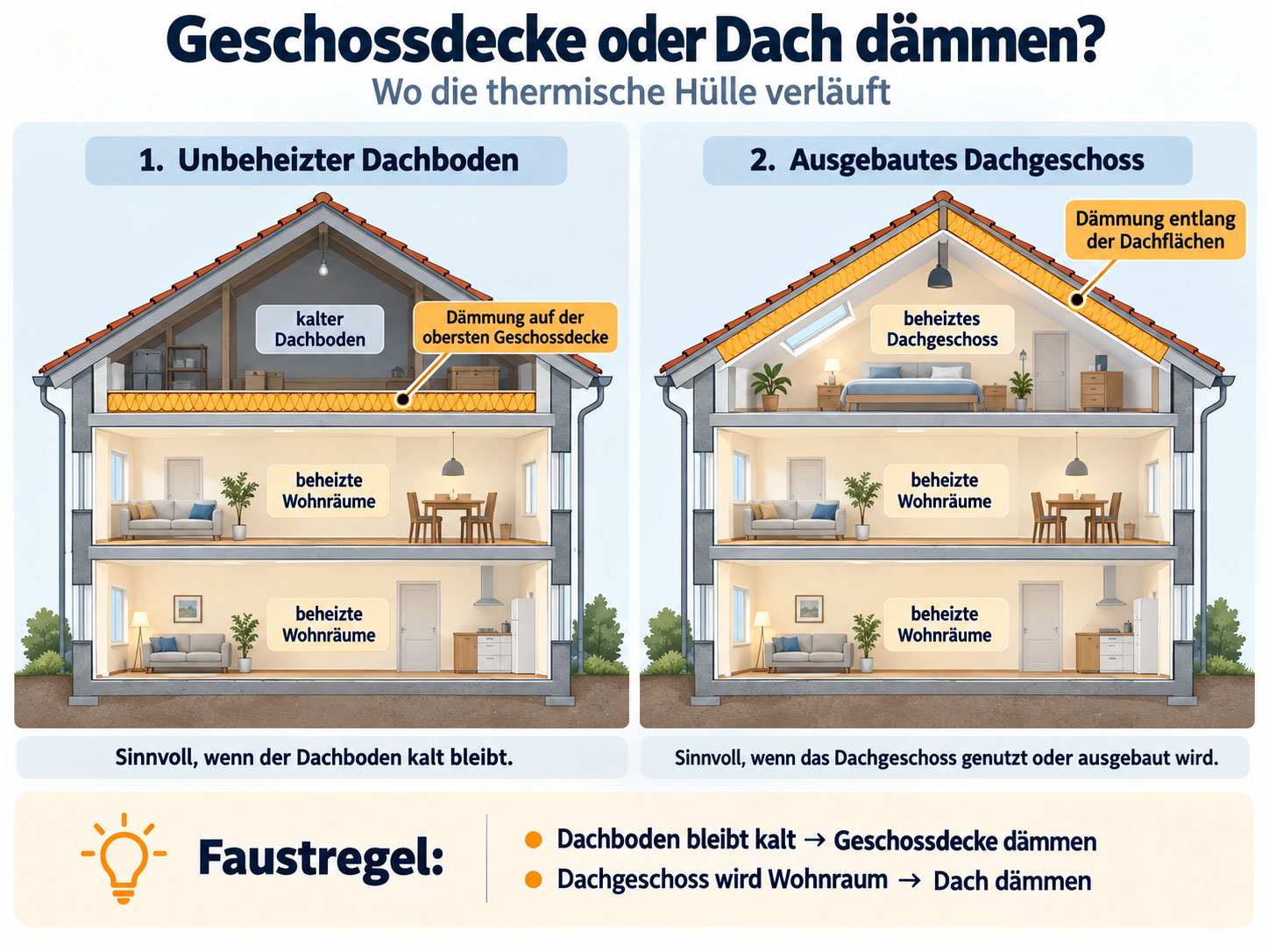 Hausquerschnitt mit zwei Varianten: links D&auml;mmung der obersten Geschossdecke unter einem kalten Dachboden, rechts D&auml;mmung der Dachfl&auml;chen bei beheiztem Dachgeschoss.