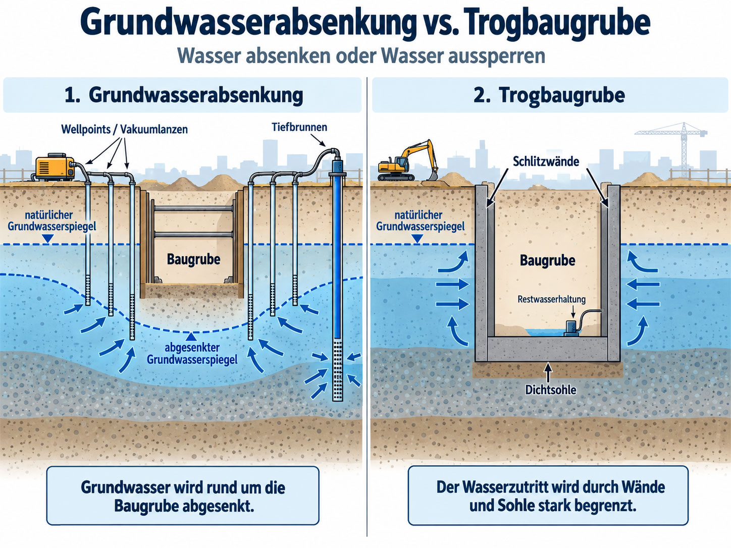 Vergleich von Grundwasserabsenkung und Trogbaugrube mit Wellpoints, Tiefbrunnen, Schlitzwänden, Dichtsohle und abgesenktem Grundwasserspiegel.