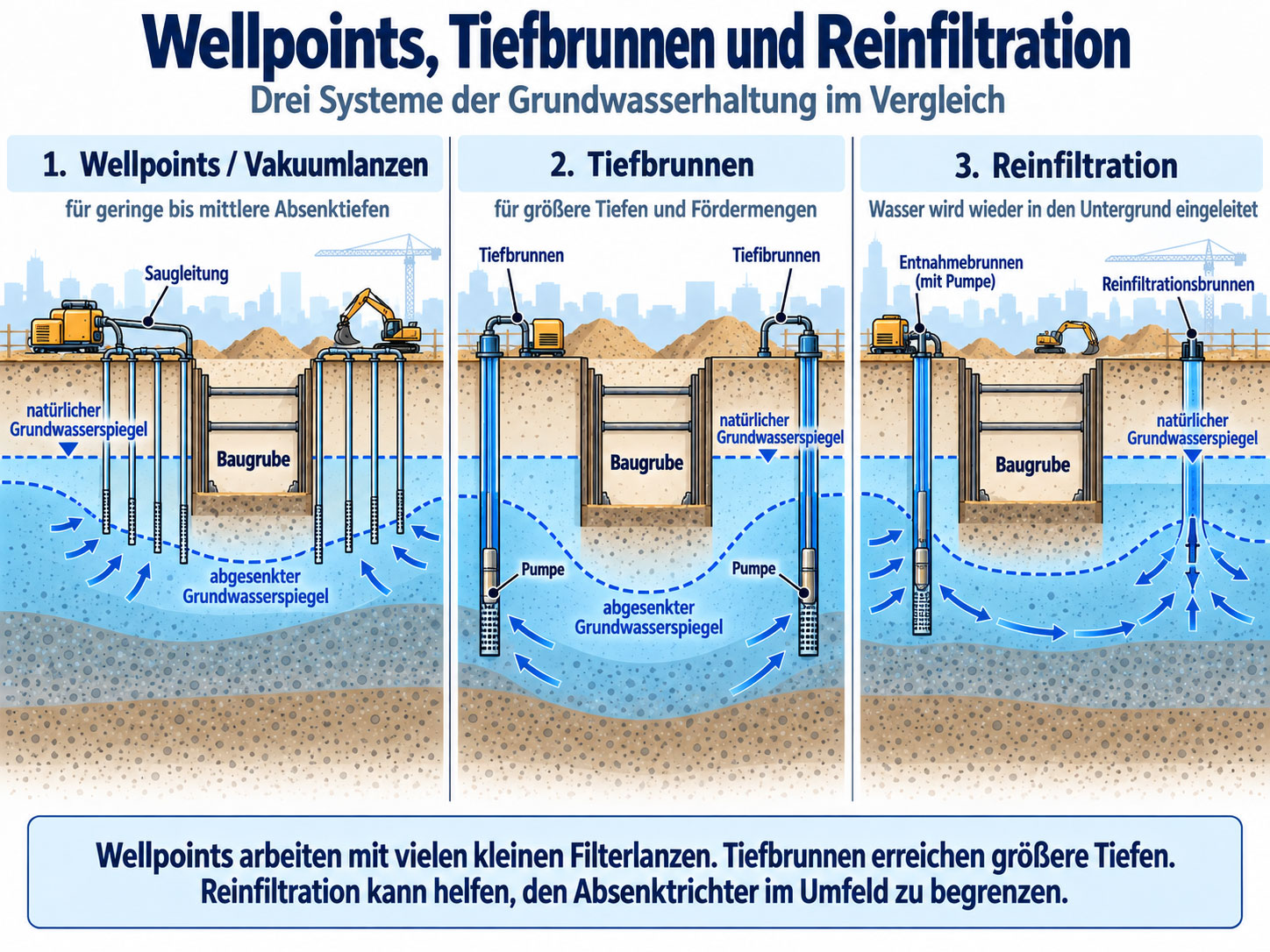 Vergleich von Wellpoints, Tiefbrunnen und Reinfiltrationsbrunnen mit Grundwasserlinien, Pumpen und Absenktrichtern rund um eine Baugrube.