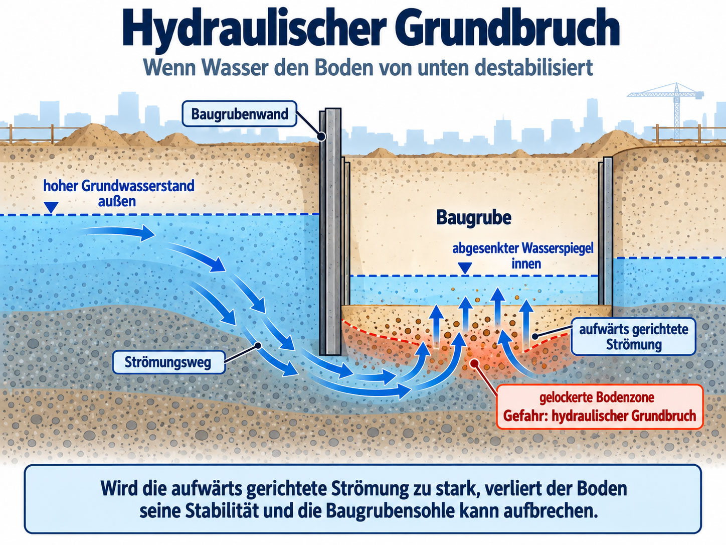 Querschnitt einer Baugrube mit hohem Grundwasserstand außen und aufwärts gerichteter Strömung unter der Baugrubenwand als Ursache eines hydraulischen Grundbruchs.