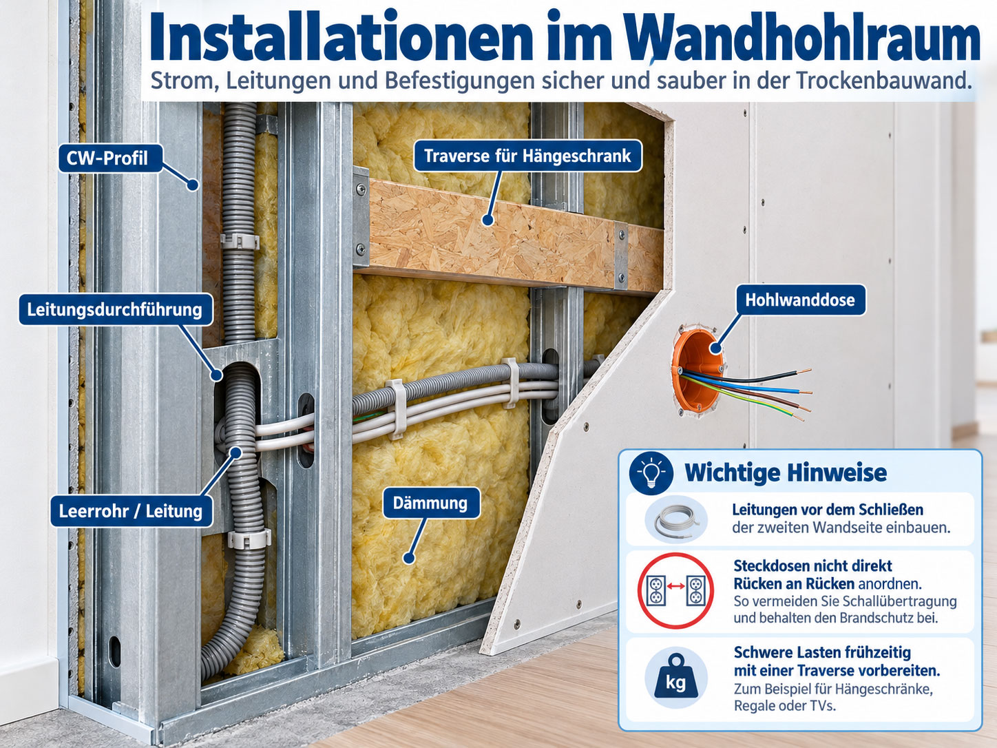 Ge&ouml;ffnete Trockenbauwand mit CW-Profilen, Mineralwolld&auml;mmung, Leitungsdurchf&uuml;hrung, Leerrohren, Hohlwanddose und Traverse f&uuml;r einen H&auml;ngeschrank.