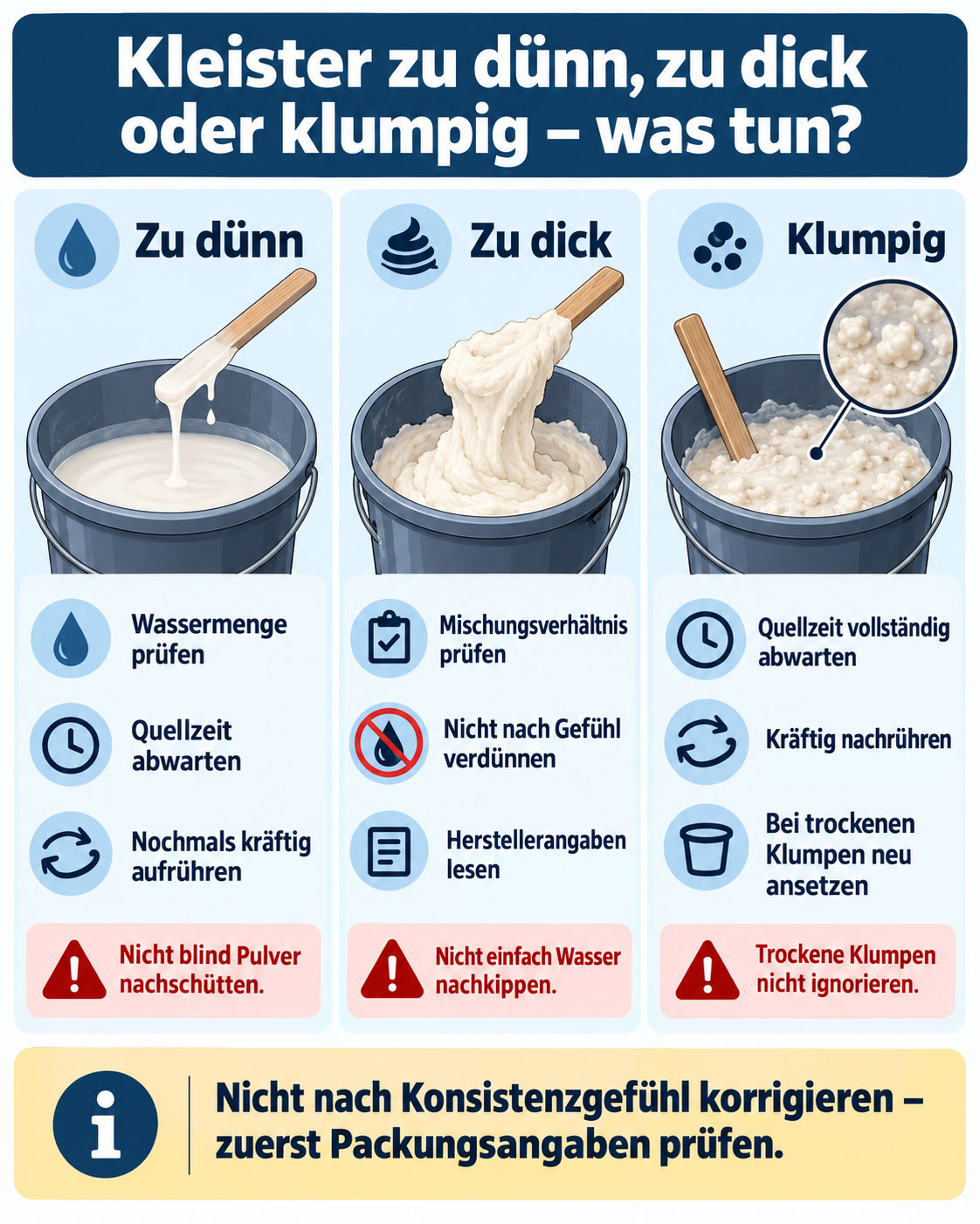 Infografik mit Lösungen für zu dünnen, zu dicken und klumpigen Tapetenkleister sowie Hinweisen zu Wassermenge, Quellzeit und Mischungsverhältnis.