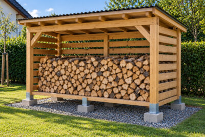 Brennholzunterstand selber bauen: Maße, Material und Bauanleitung Moderner-Gartenschuppen-für-Brennholz
