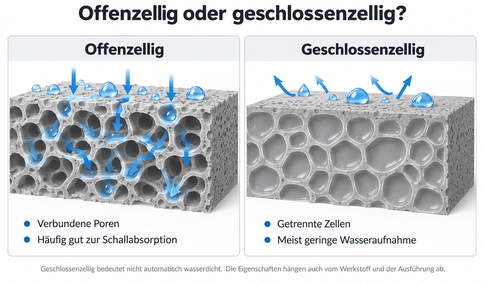 Vergleich der Zellstruktur von Schaumstoffen: Links dringt Wasser in verbundene, offene Poren ein, rechts zeigen geschlossene Zellen eine geringere Wasseraufnahme.