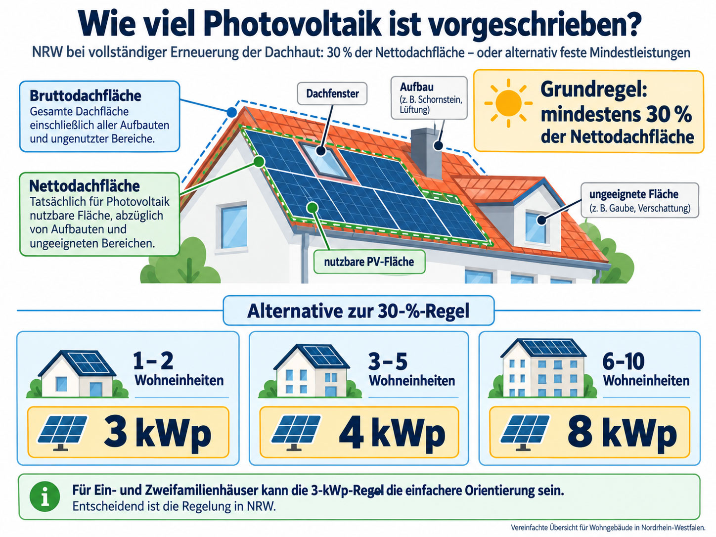 Infografik zur PV-Pflicht in NRW mit 30 Prozent Nettodachfl&auml;che sowie Mindestleistungen von 3, 4 und 8 kWp je nach Wohneinheiten.