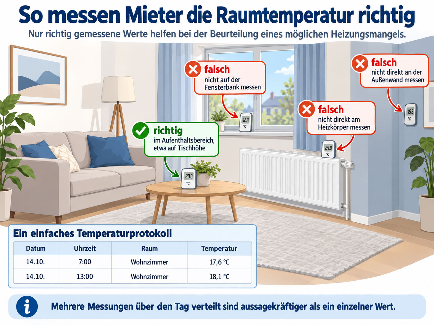 Infografik zur richtigen Temperaturmessung: korrekt im Aufenthaltsbereich auf Tischhöhe, falsch direkt am Heizkörper, Fenster oder an der Außenwand.