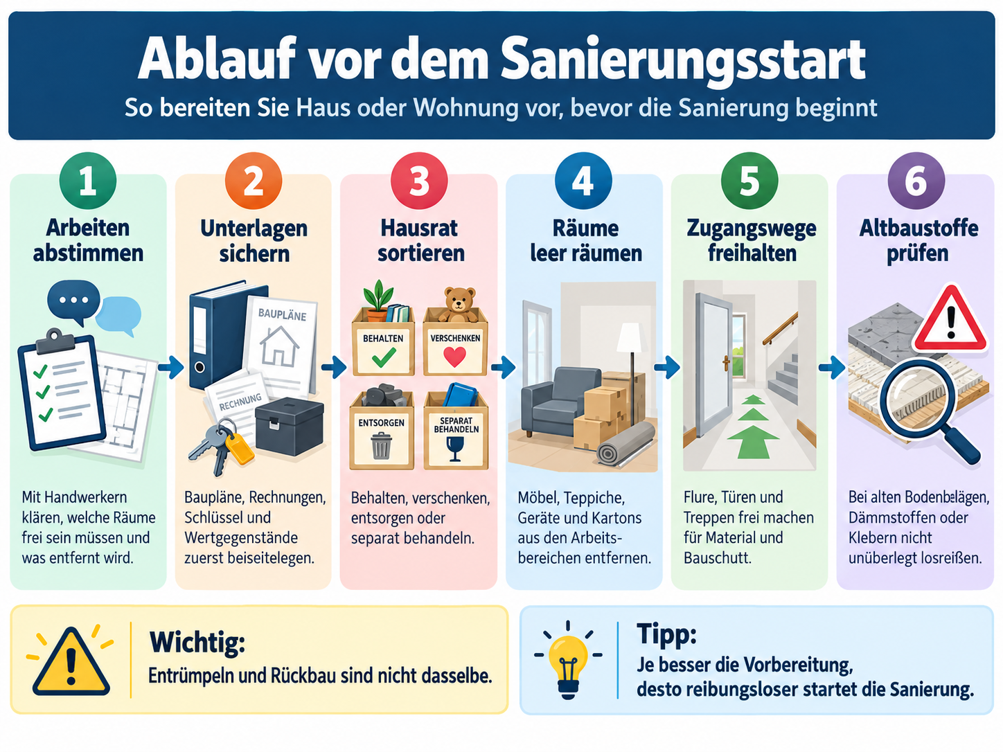 Infografik zeigt sechs Schritte zur Vorbereitung eines Hauses auf eine Sanierung