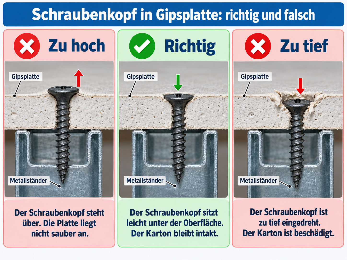 Drei Querschnitte einer Schraube in einer Gipsplatte: Schraubenkopf zu hoch, korrekt leicht versenkt und zu tief mit besch&auml;digter Kartonschicht.