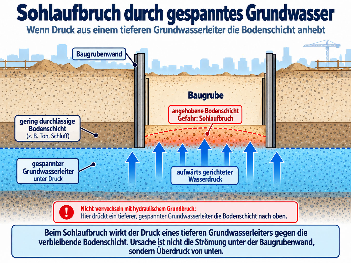 Querschnitt einer Baugrube über einer gering durchlässigen Bodenschicht und einem gespannten Grundwasserleiter, dessen Wasserdruck die Bodenschicht nach oben hebt.