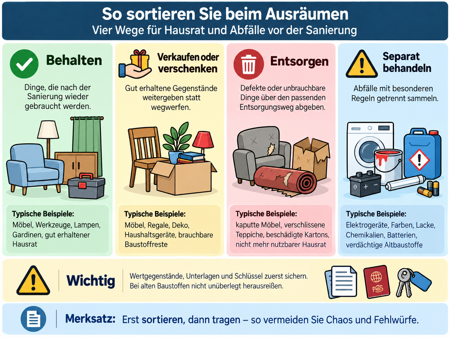 Infografik zeigt vier Kategorien zum Sortieren von Hausrat vor einer Sanierung