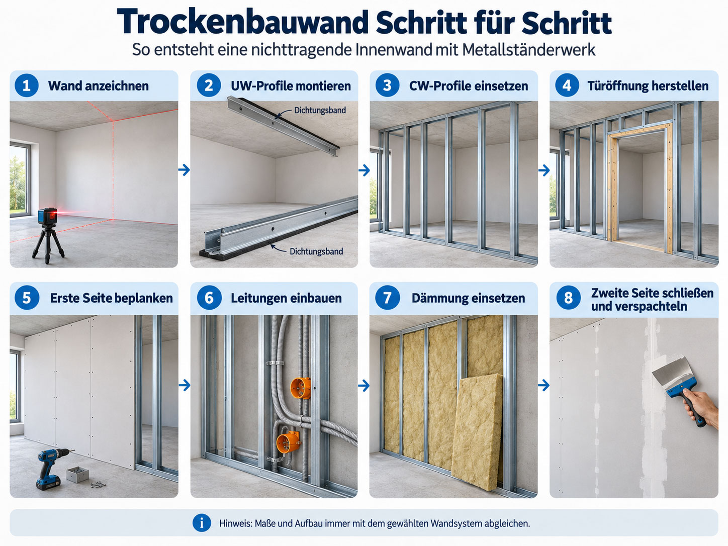 Acht Arbeitsschritte zum Bau einer Trockenbauwand: Wand anzeichnen, UW-Profile montieren, CW-Profile einsetzen, T&uuml;r&ouml;ffnung herstellen, beplanken, Leitungen einbauen, d&auml;mmen und verspachteln.