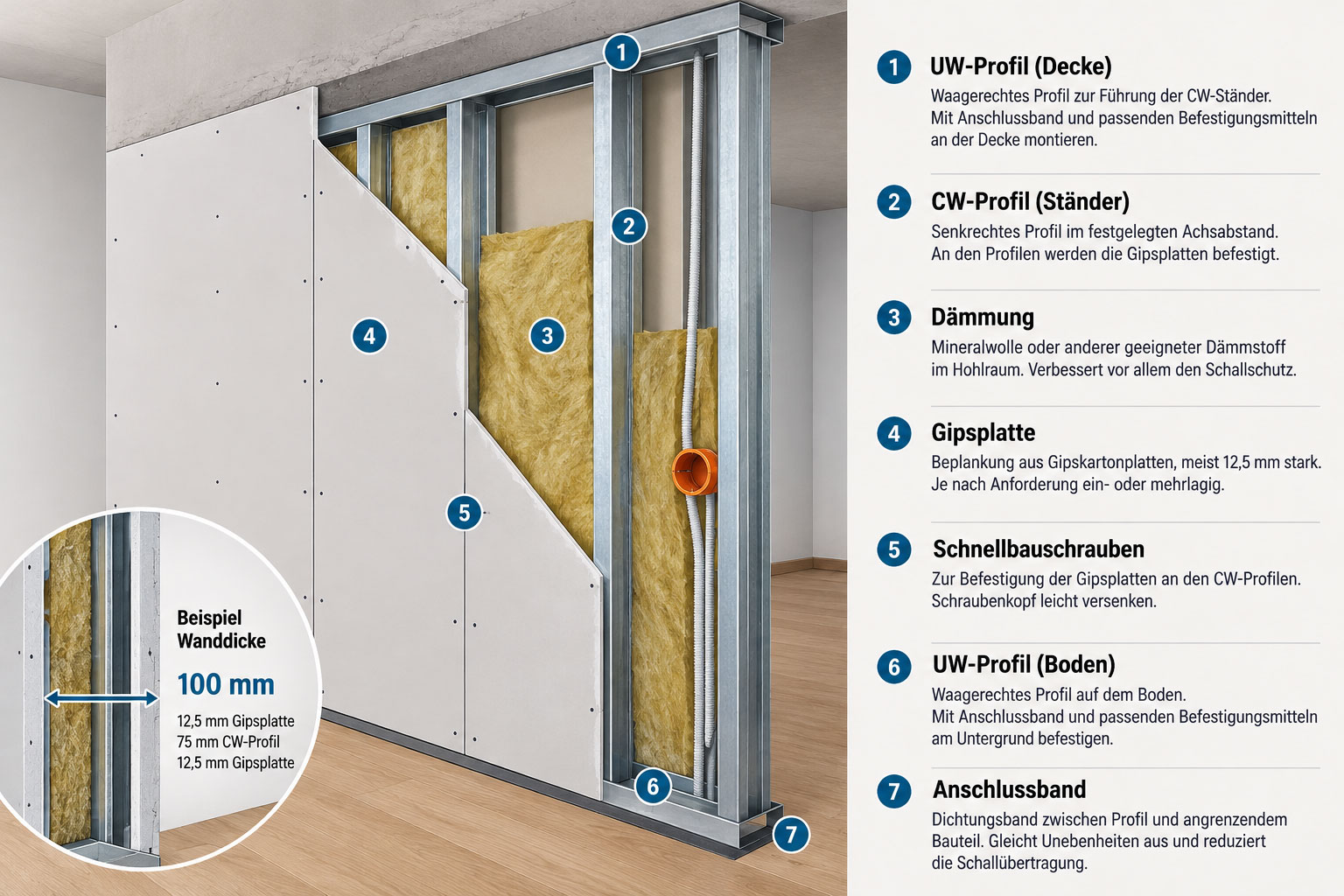 Schnitt durch eine Trockenbauwand mit UW- und CW-Profilen, Mineralwolld&auml;mmung, Gipsplatten, Schrauben und Beispiel f&uuml;r 100 mm Wanddicke.
